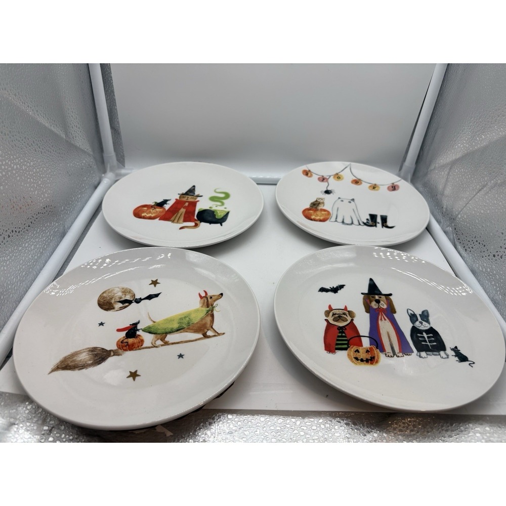 Harvest Green Studio Halloween Dog Cat Side Salad Dessert Plates Set Of 4 NEW